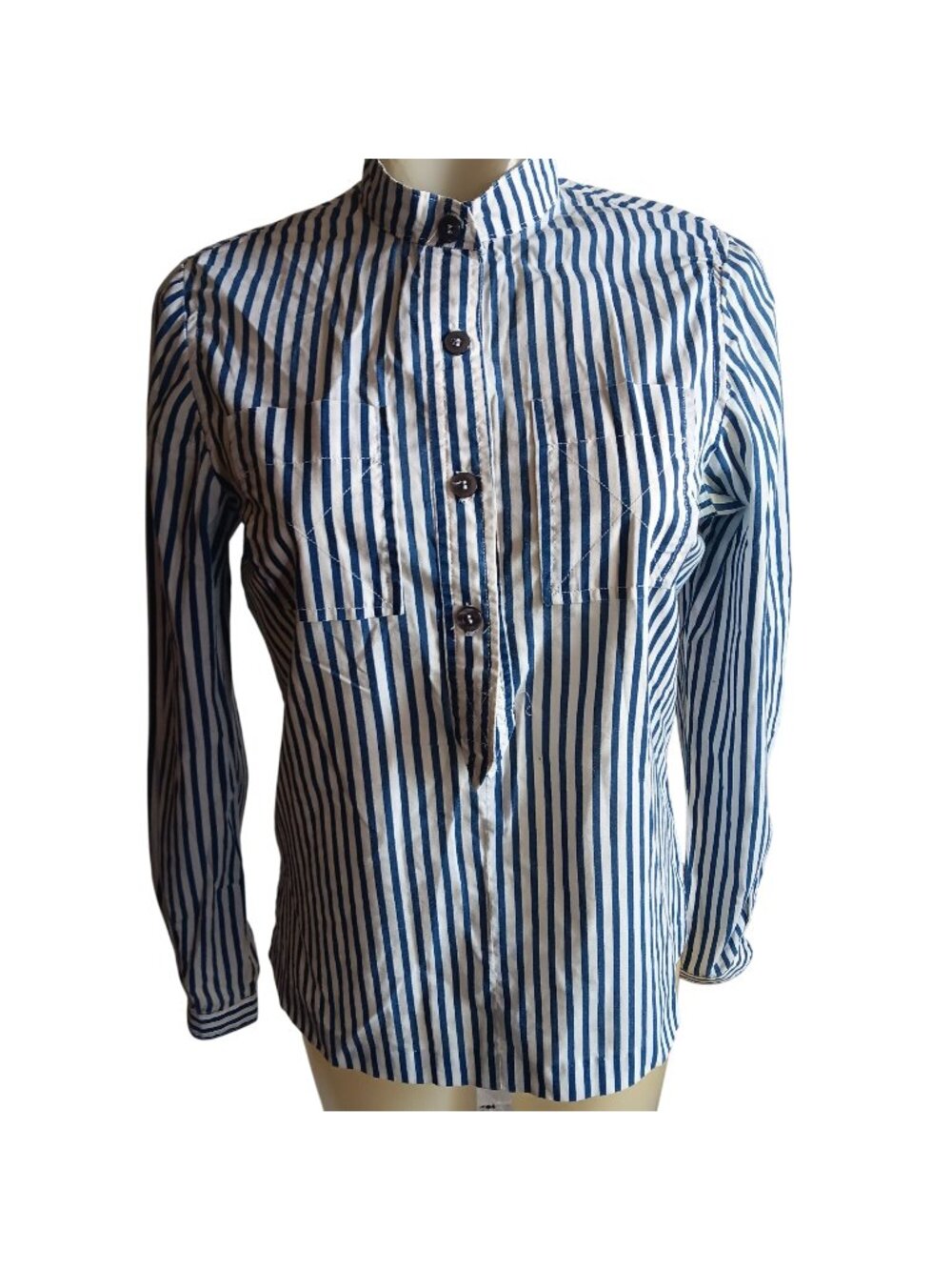 Medium Women's Vintage Top 1960's Blue White Striped Button-Up Long Sleeve Shirt